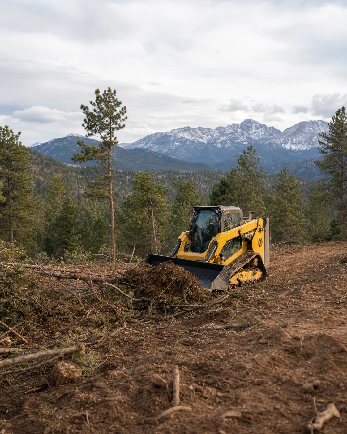 Skid steer clearing ground for site preparation in the Colorado foothills