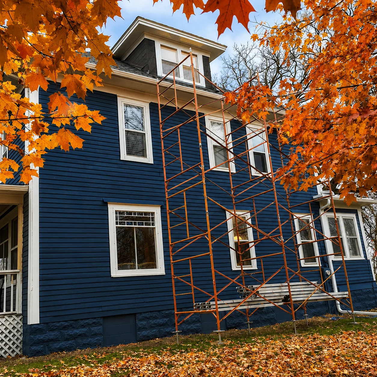 Webster's Quality Painting crew mid-project on a navy blue exterior repaint with scaffolding in autumn.