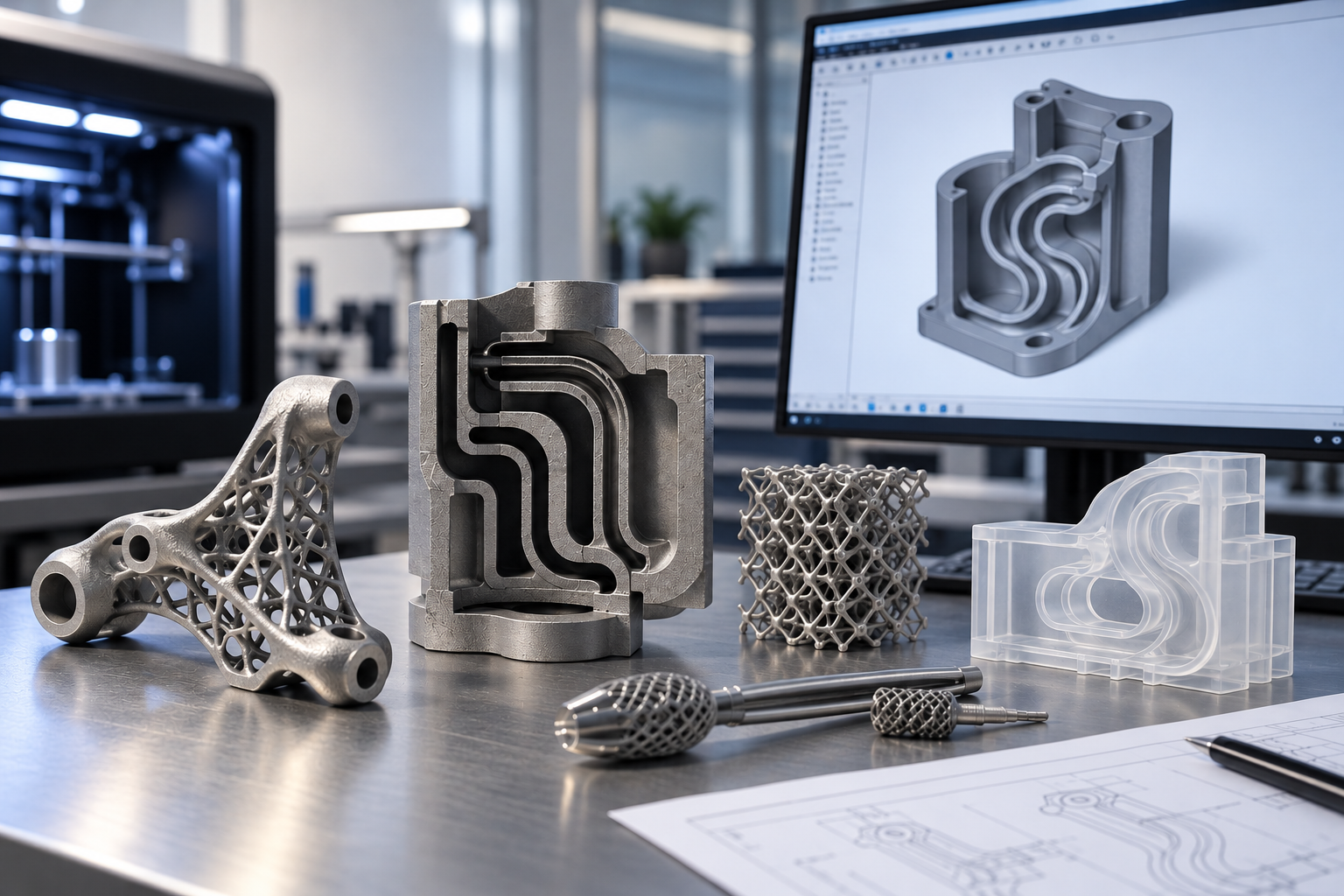 3D printed metal lattice bracket, sectioned cooling-channel block, and clear resin part next to a CAD design on screen