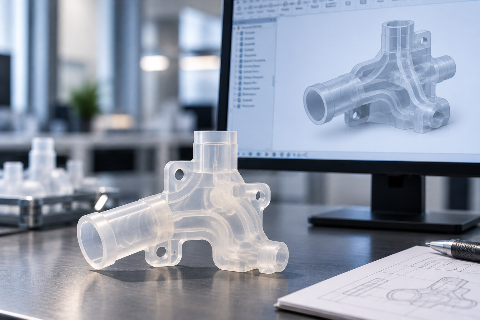 A clear 3D-printed resin part next to a CAD model of the same design on a computer screen