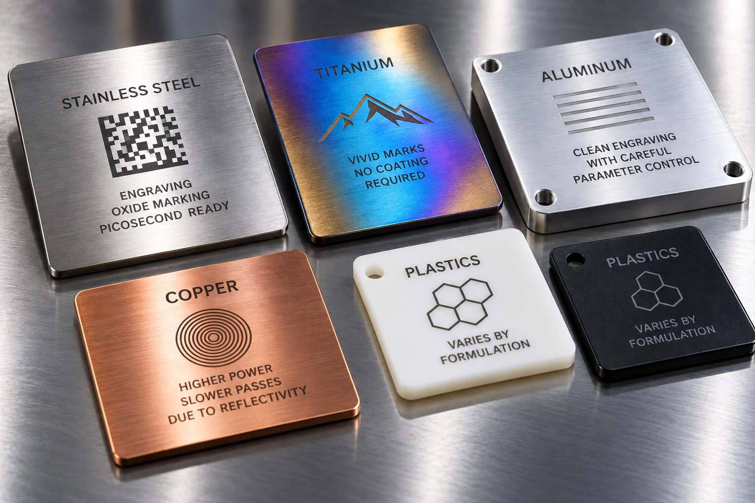 Sample plates of stainless steel, titanium, aluminum, copper, and plastic showing laser marking results for each material
