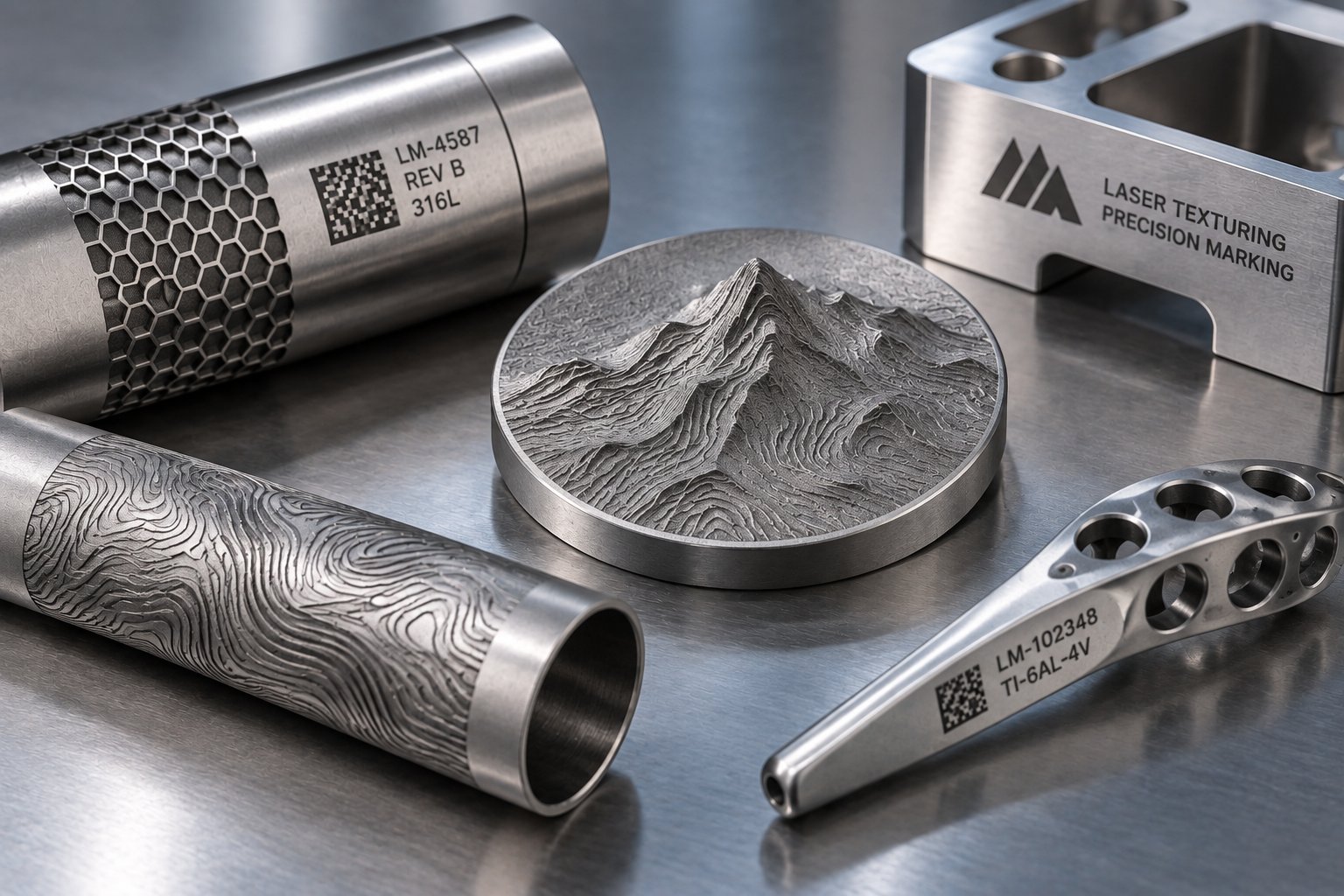 Laser-marked and textured metal parts showing 3D surface texturing, serial number data matrix codes, and precision laser marking on stainless steel and titanium components