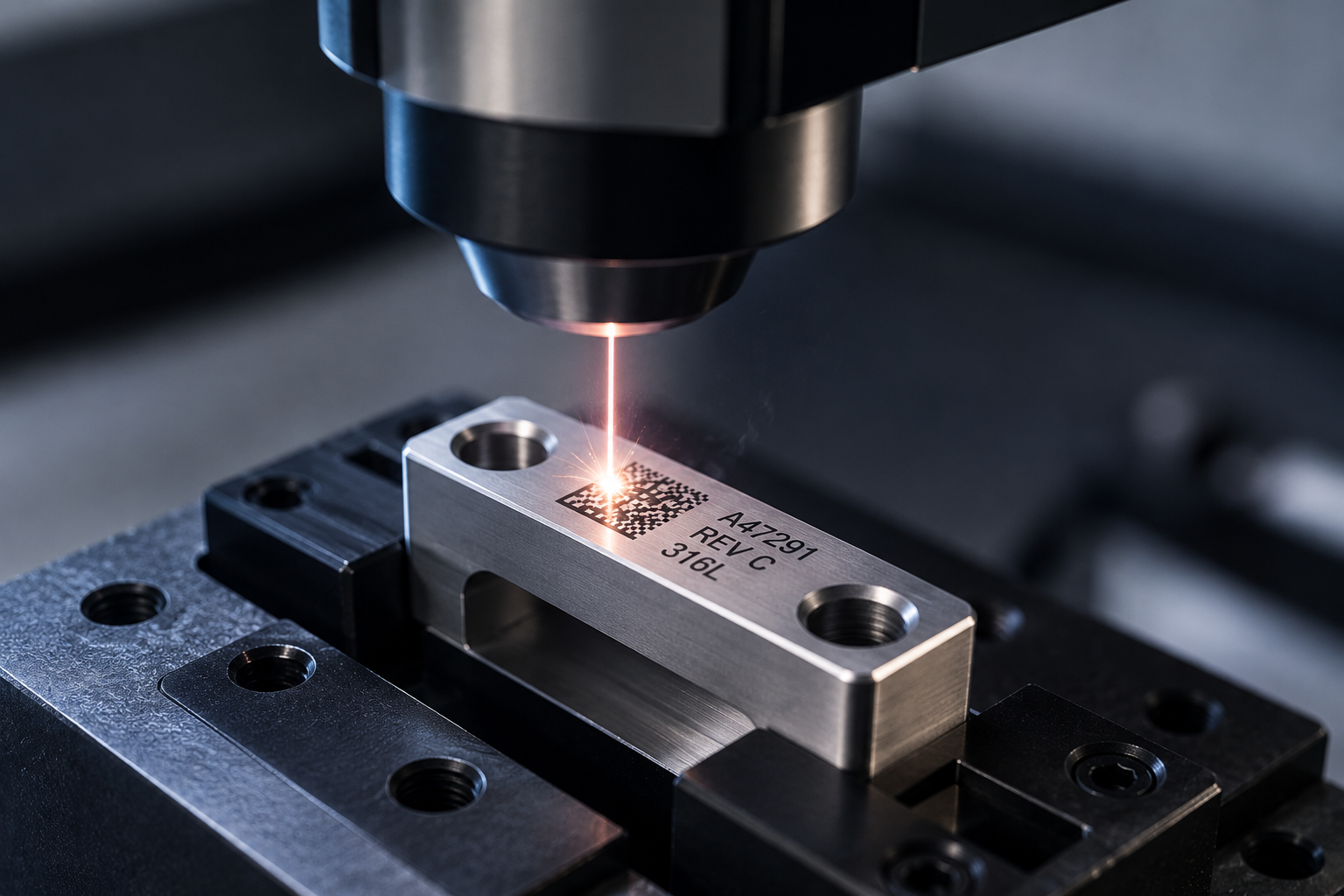 Laser marking a Data Matrix code and part number A47291 REV C 316L onto a fixtured stainless steel component