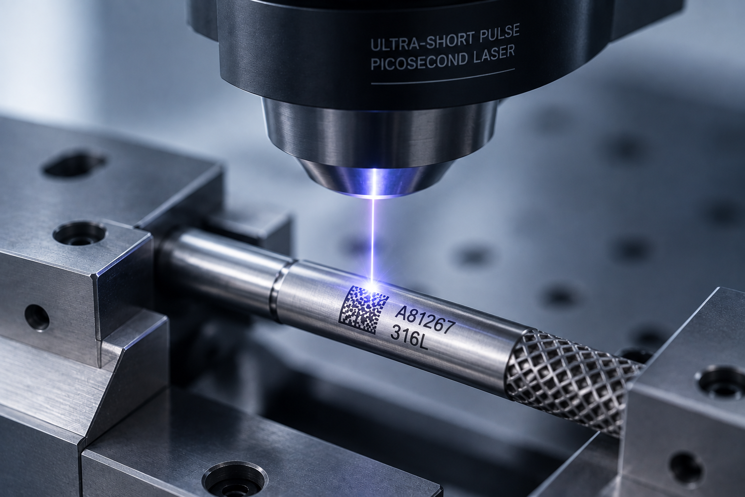 Ultra-short pulse picosecond laser marking a Data Matrix code and part number A81267 316L onto a fixtured stainless steel component