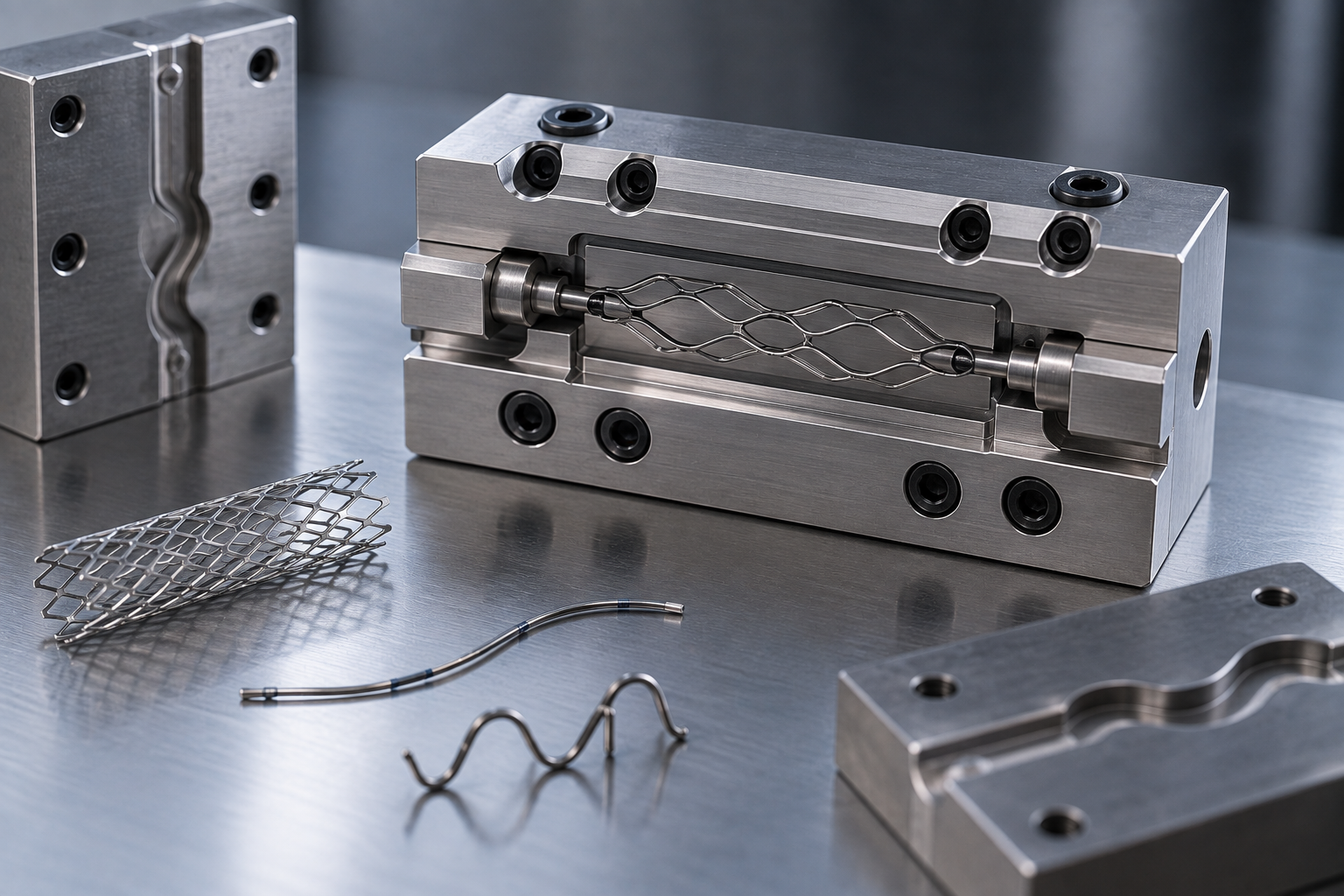 Precision nitinol shape-setting mold fixture with stent, wire form, and mandrel components on a stainless steel worktable