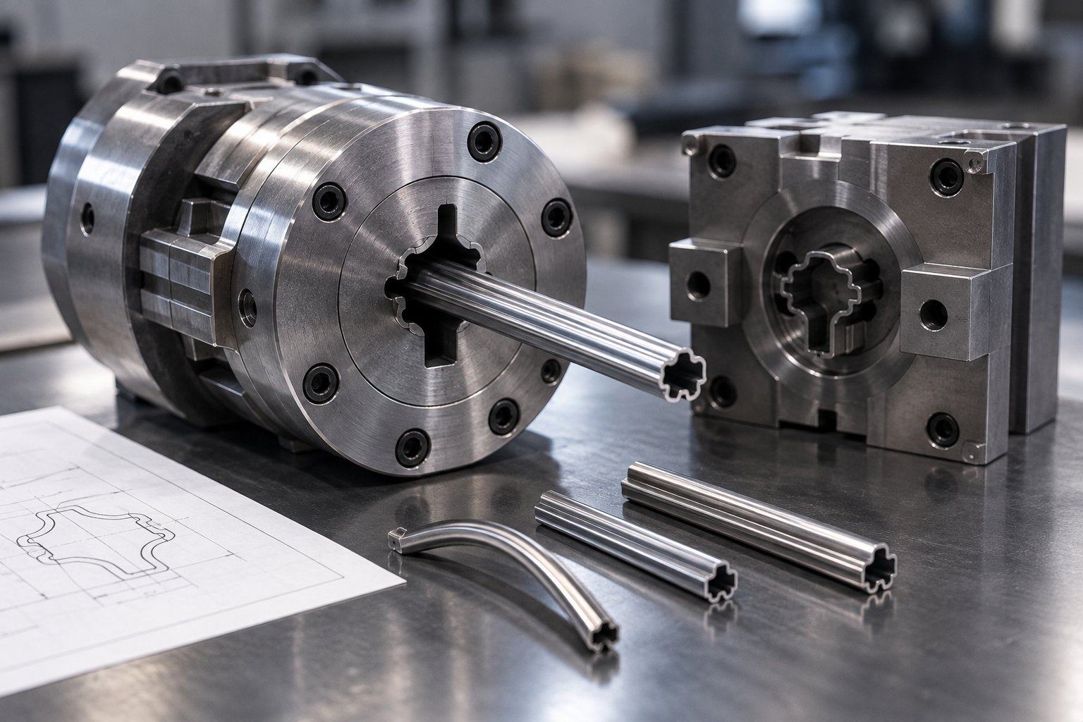 Custom extrusion tooling components including a rotary die head, mold block, and extruded profile samples alongside a technical drawing