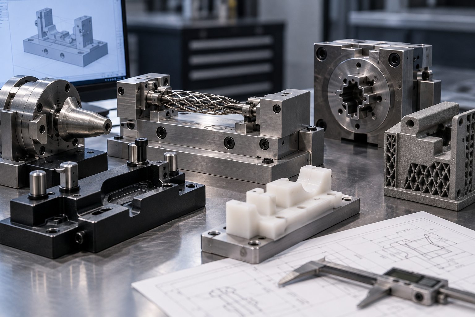 Custom tooling components on a workbench, including a nitinol wireform shape-setting fixture, injection mold blocks, a 3D-printed lattice fixture, and machined workholding, alongside a CAD drawing and calipers