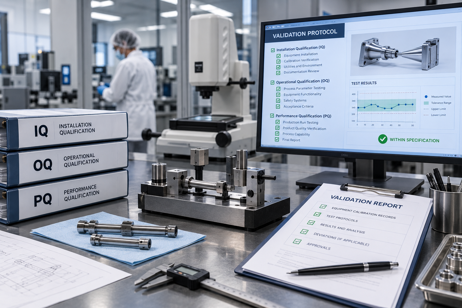 Validation protocol dashboard showing IQ OQ PQ checklist, test results within specification, and a validation report with calibration records on a lab bench with precision fixtures and gauges