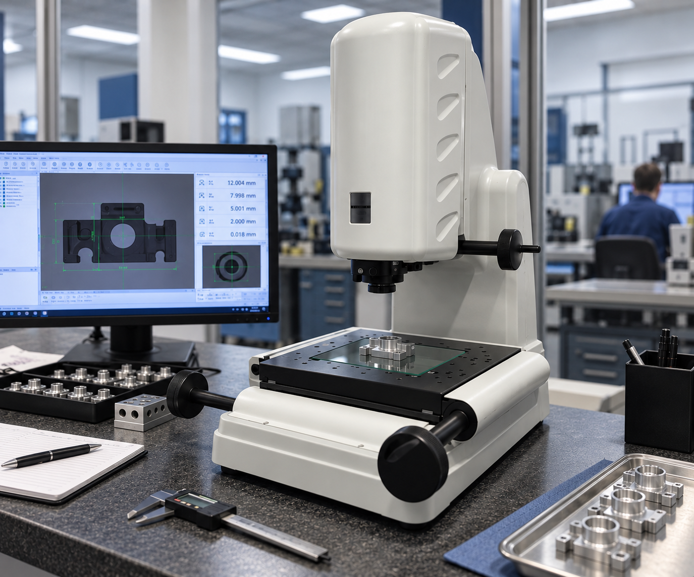 Precision vision measurement system displaying CAD dimensional analysis on-screen next to a metal component being inspected on the stage, with calipers and precision fixtures on the workbench