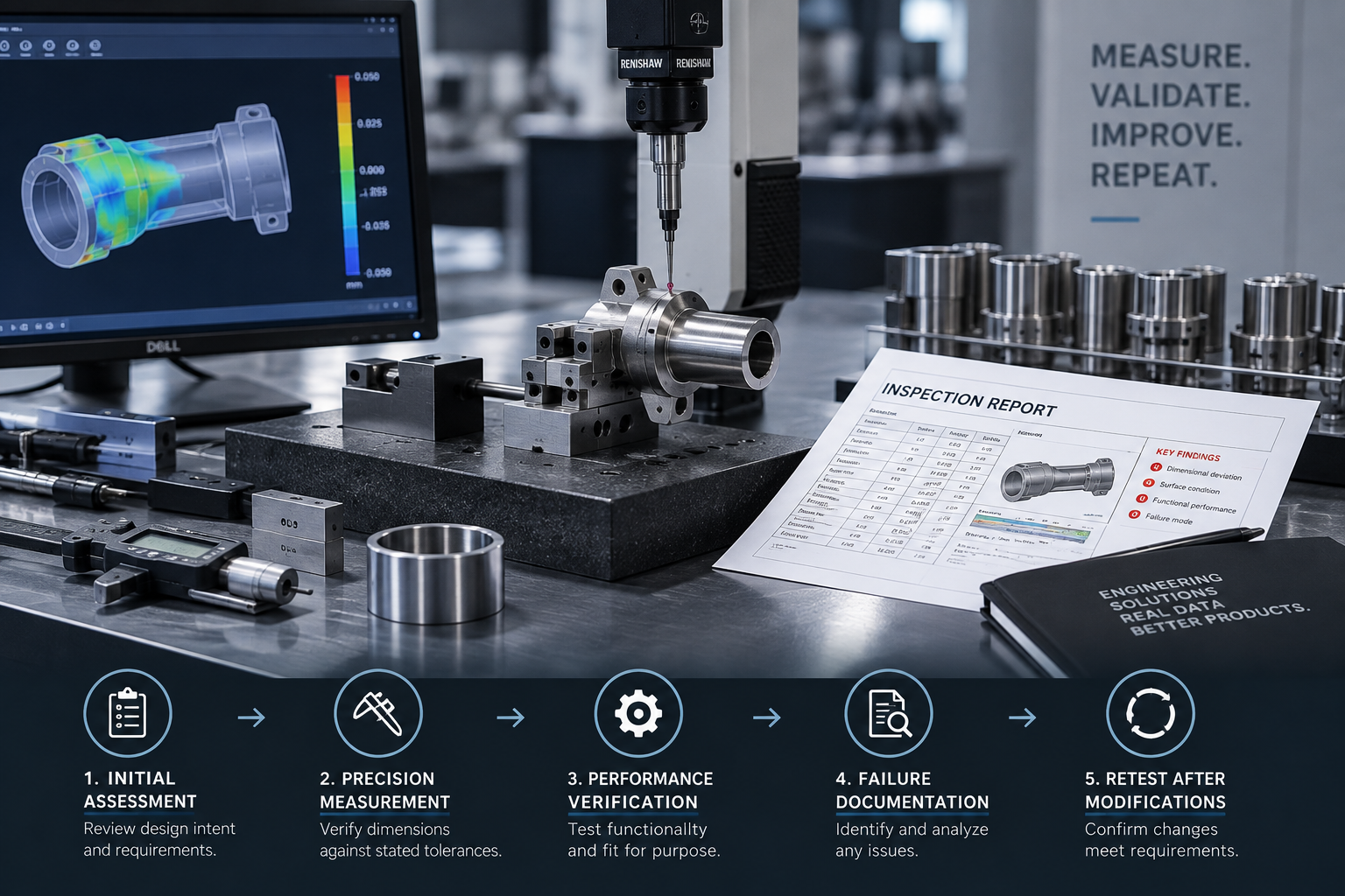 Precision measurement workstation showing CAD dimensional deviation analysis, a Renishaw probe measuring a machined part, and an inspection report with key findings
