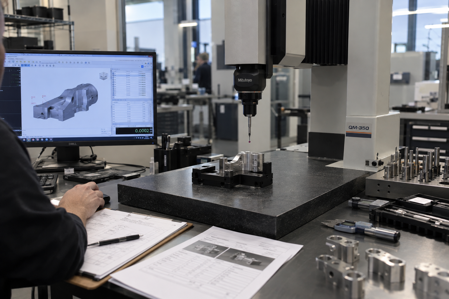 Technician reviewing CAD dimensional data on a CMM (coordinate measuring machine) monitor while a fixtured metal component is measured on the Mitutoyo probe, with inspection paperwork on the clipboard in the foreground