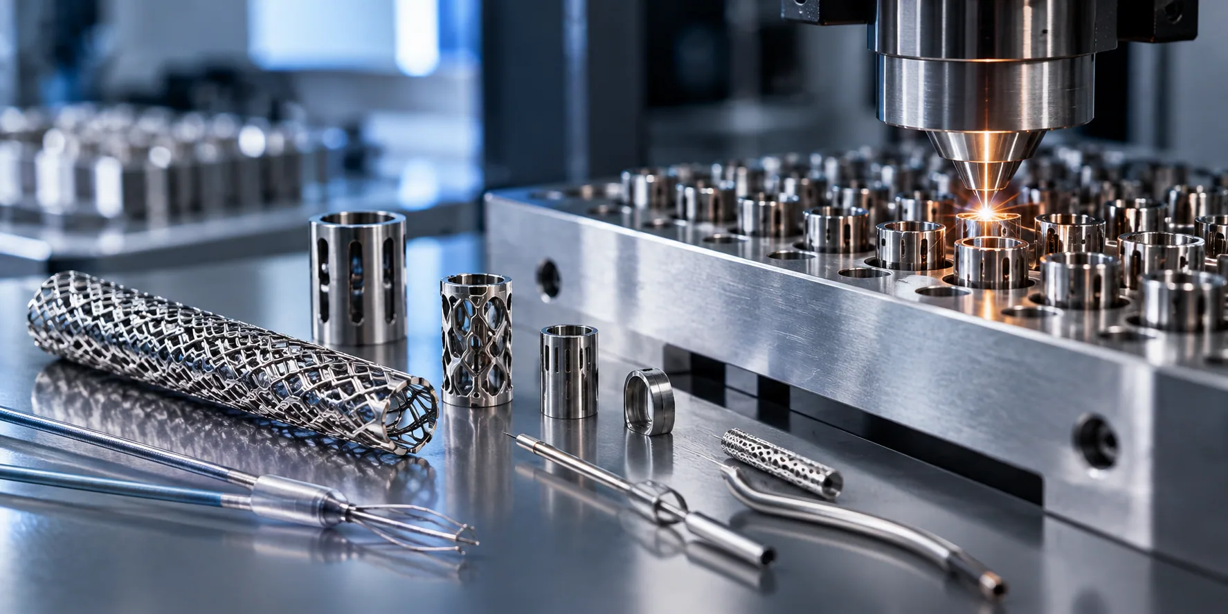 Precision laser-cut medical device components including stent-like mesh tubing and surgical instruments on a manufacturing workbench
