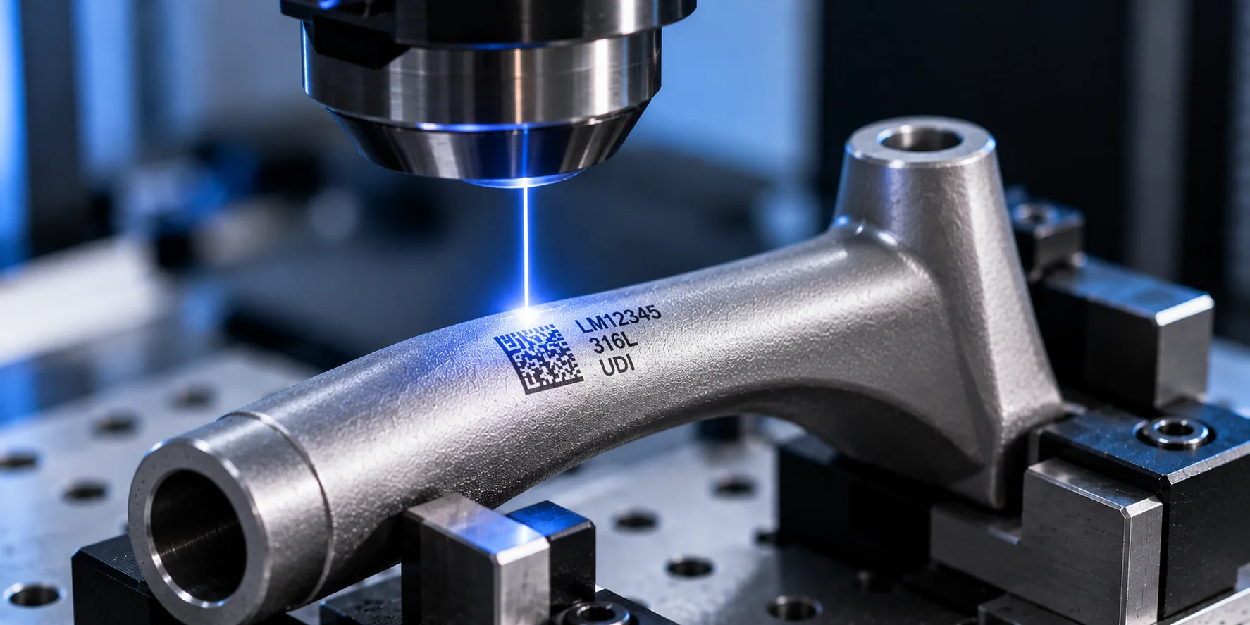 Ultra short pulse laser marking a UDI code and part number onto a metal medical device component