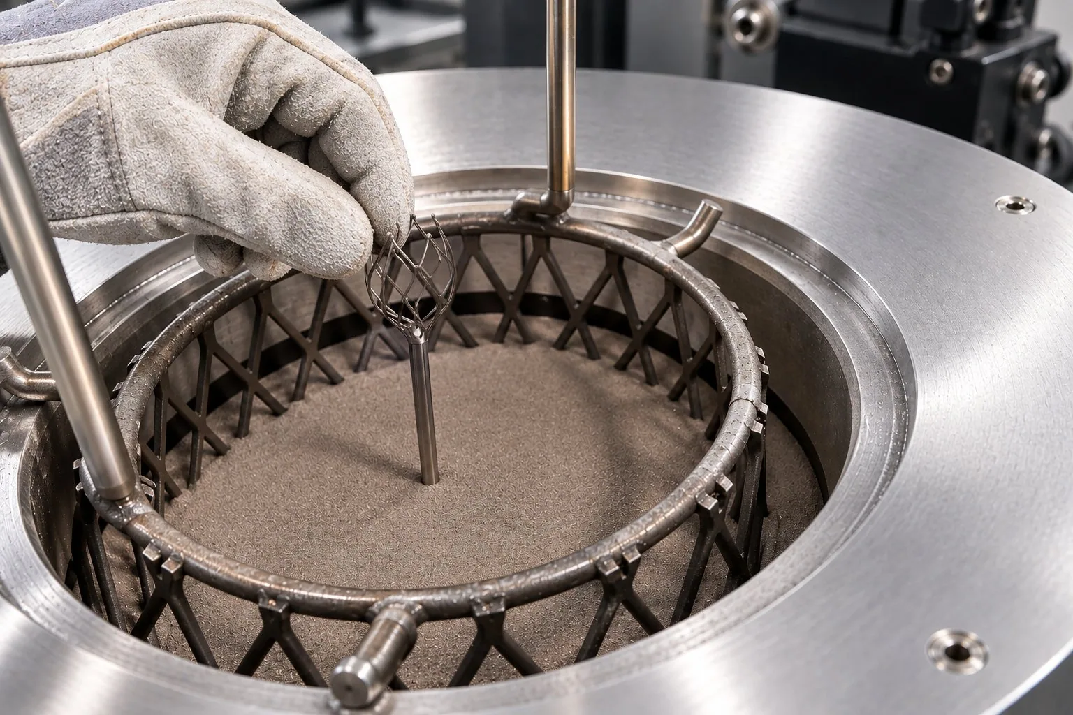 Technician removing a metal 3D-printed lattice stent component from a powder bed during post-processing