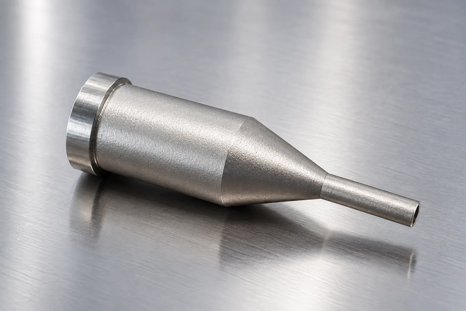 Metal 3D-printed extrusion die tooling with a tapered conical body and narrow outlet tip on a stainless steel surface