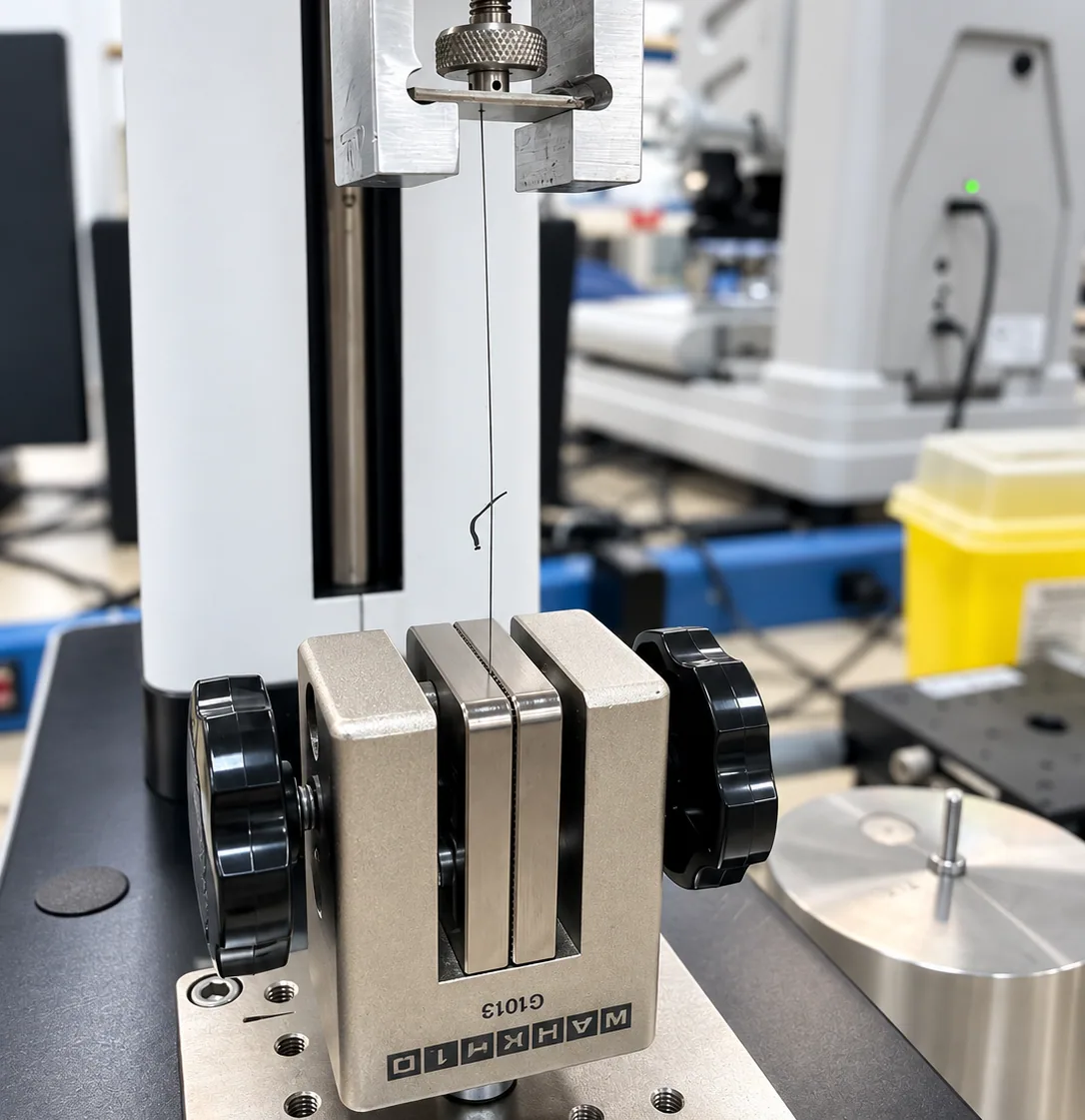 A thin wire specimen clamped in a precision tensile testing fixture, ready for pull testing on a bench-top force tester