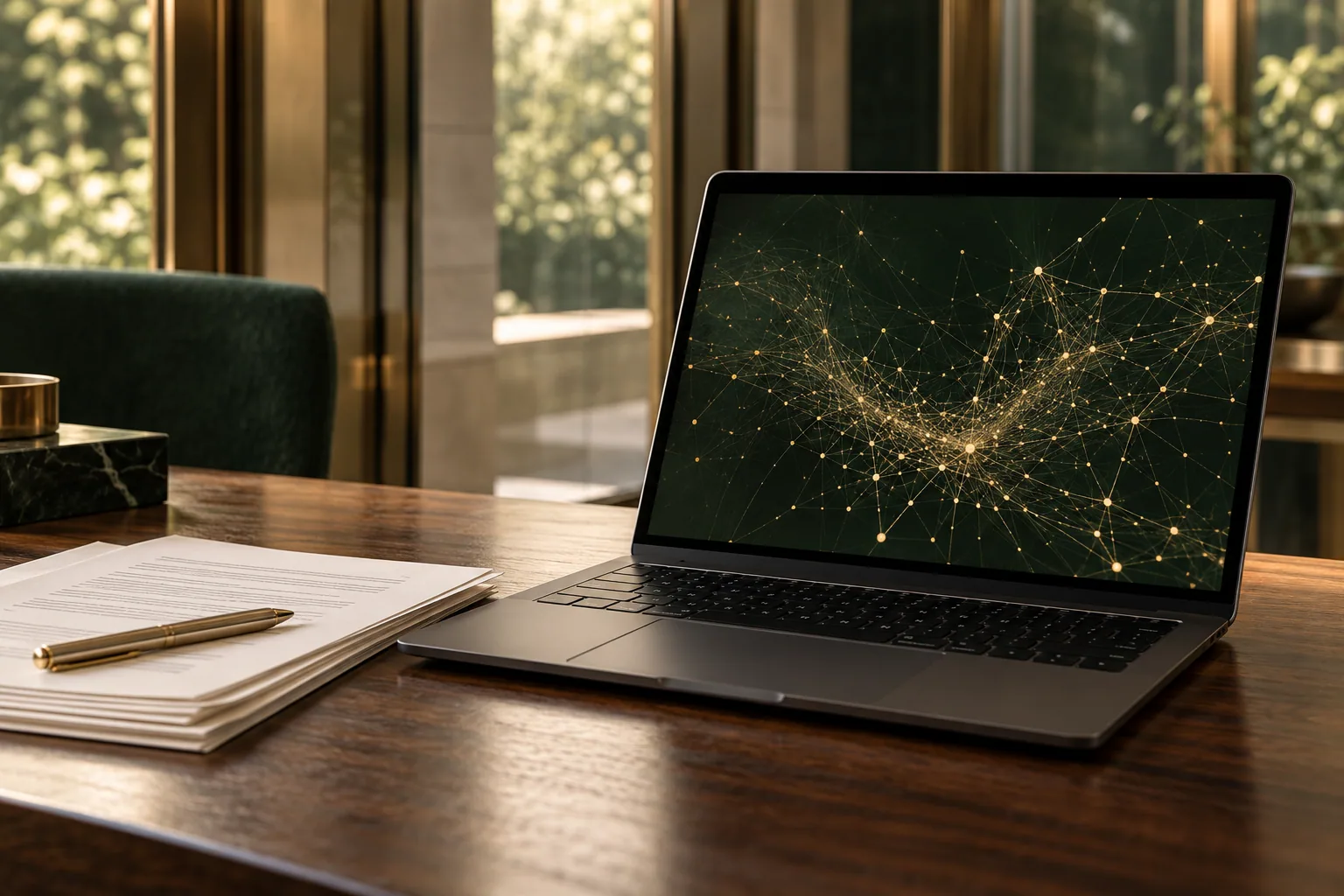 Laptop displaying a network visualization beside documents and a brass pen.