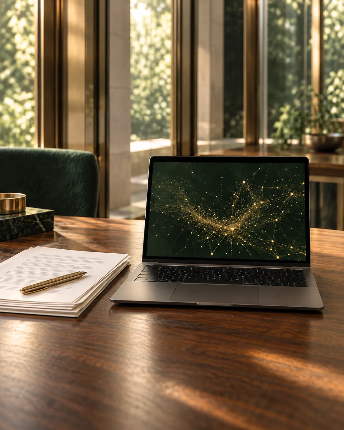 Laptop displaying an AI network visualization beside documents and a brass pen.