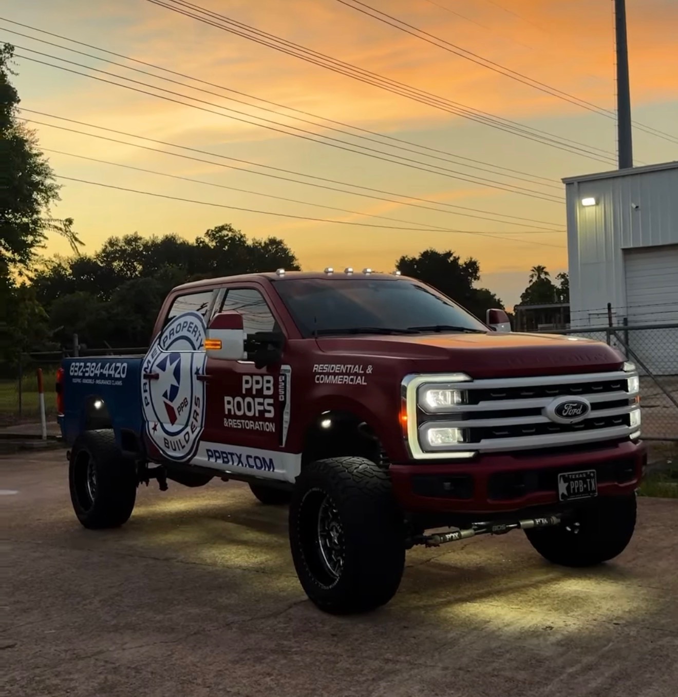 PPB Roofs and Restoration branded truck at sunset.