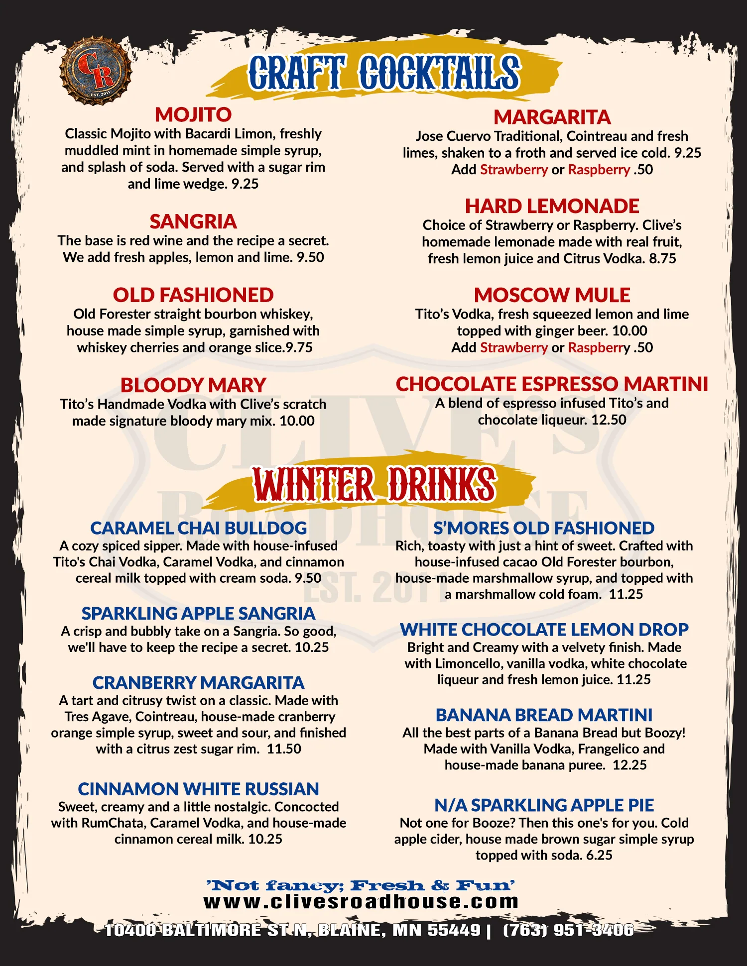 Clive's Vino & Summer Drinks Menu 2026
