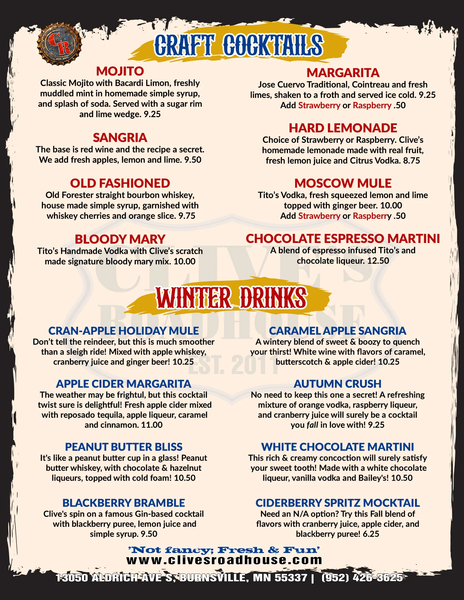 Burnsville Clive's Vino & Summer Drinks Menu 2026