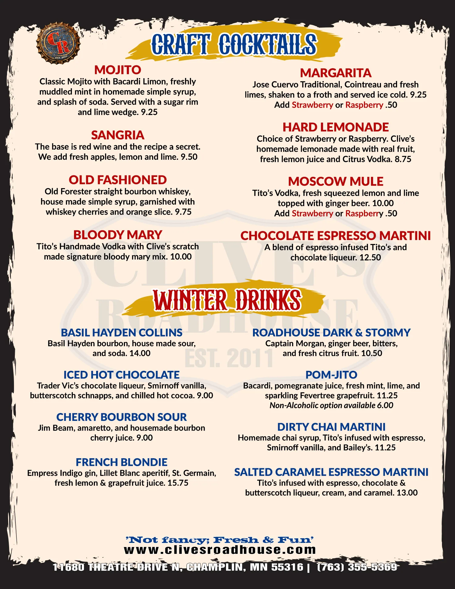 Champlin Clive's Vino & Summer Drinks Menu 2026