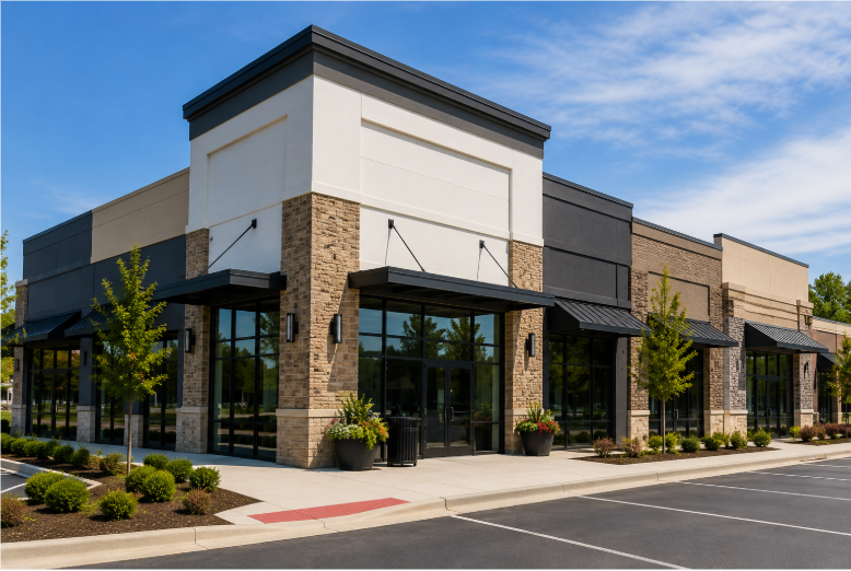 Professional commercial exterior painting crew at work