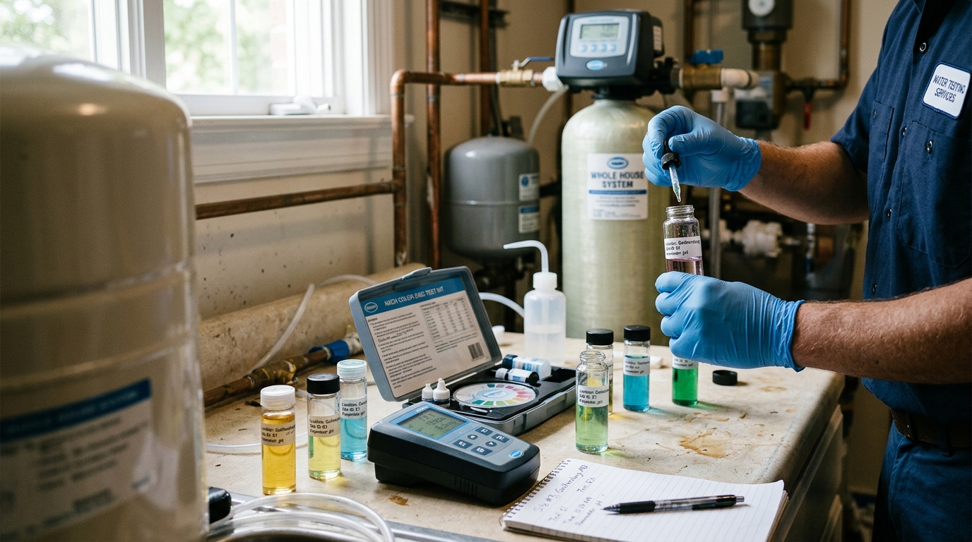 Water quality testing vials and a hardness test kit on a Maryland home countertop