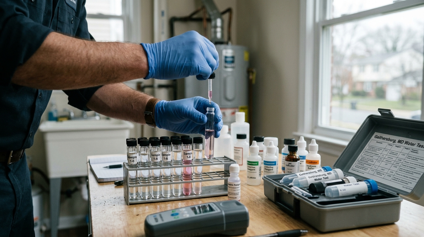 Well water sample being compared against a hardness color chart during a Gaithersburg water test