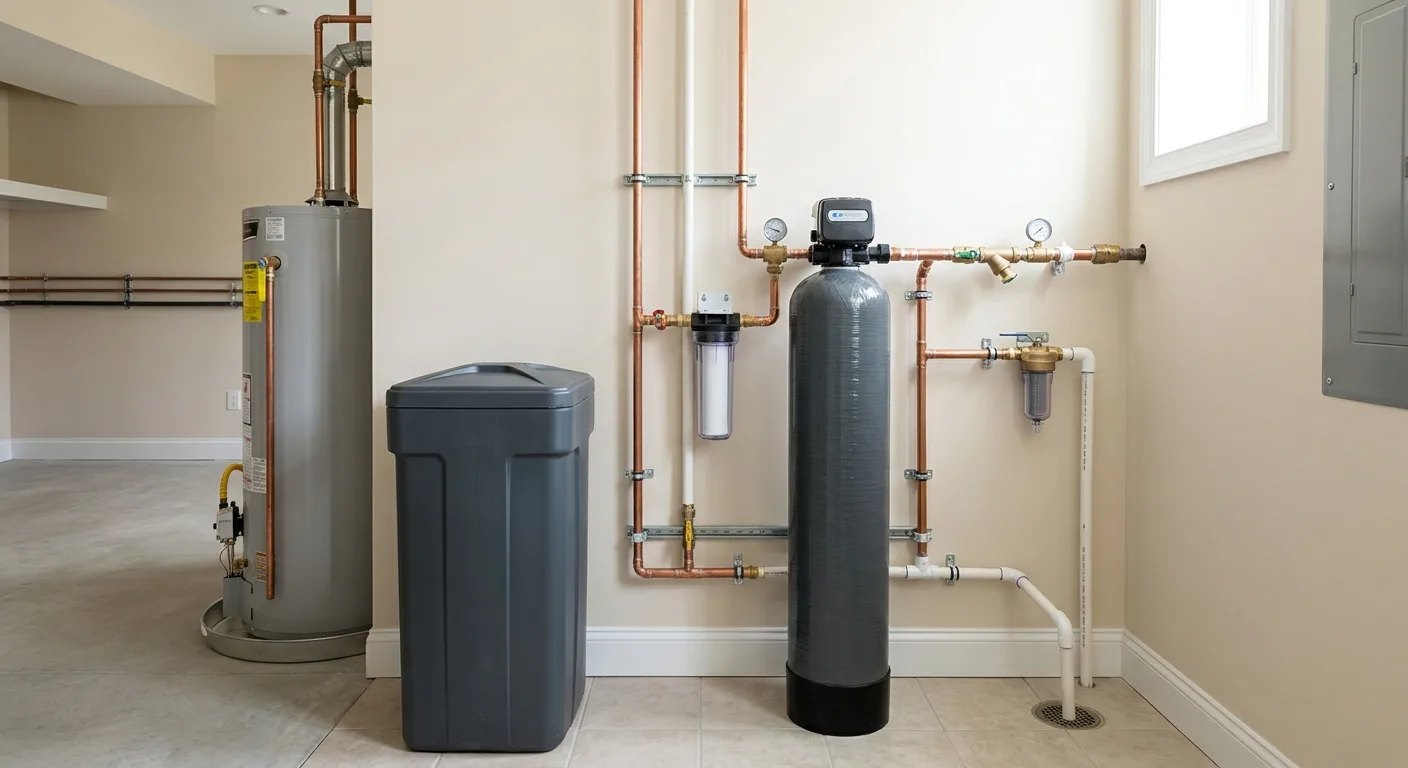 Water softener installation detail in a Maryland home