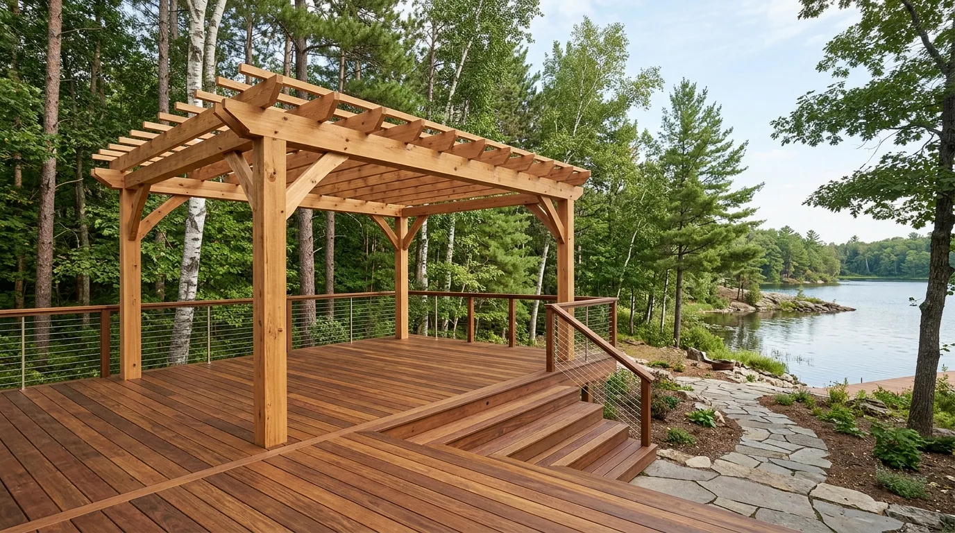 Cedar deck under construction, a typical Powerbuilt deck replacement in Bethel, MN
