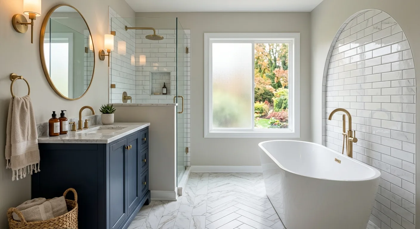 Renovated bathroom with tiled walk-in shower
