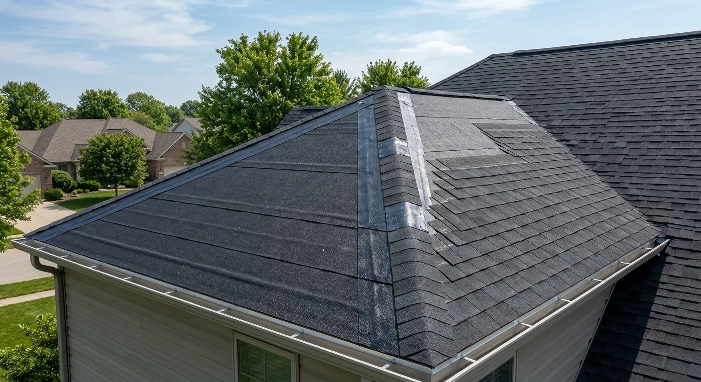 Ice-and-water shield and underlayment installed on a Columbus-area roof deck before the final roofing goes on