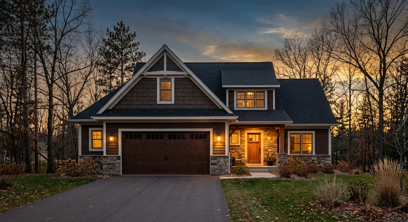 Exterior dusk view of an Aitkin-area residential home with a closed two-car garage door, warm porch light glowing, golden-...