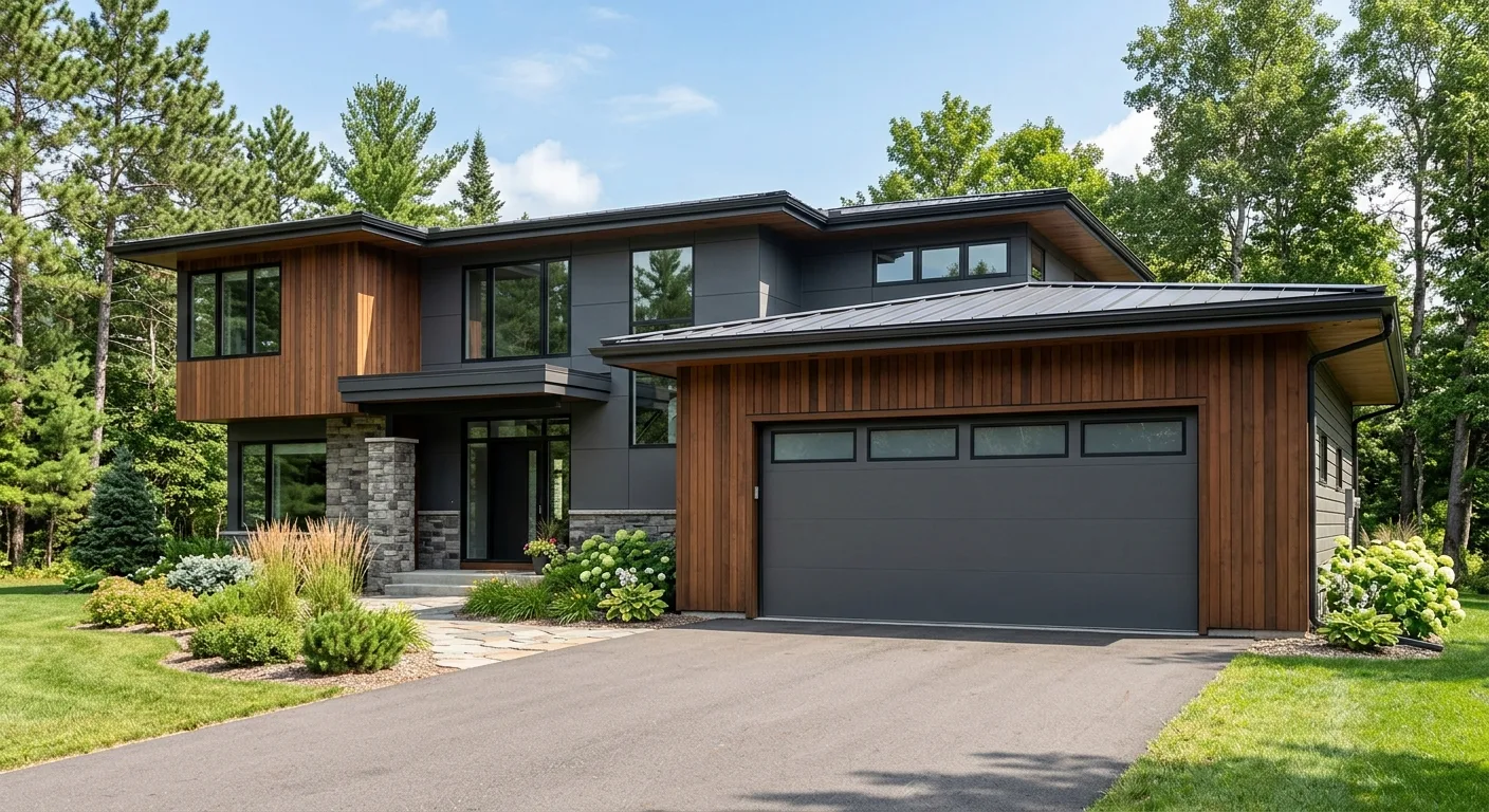 Exterior curb-appeal view of a clean modern Aitkin-area home with a new insulated steel garage door visible from the drive...
