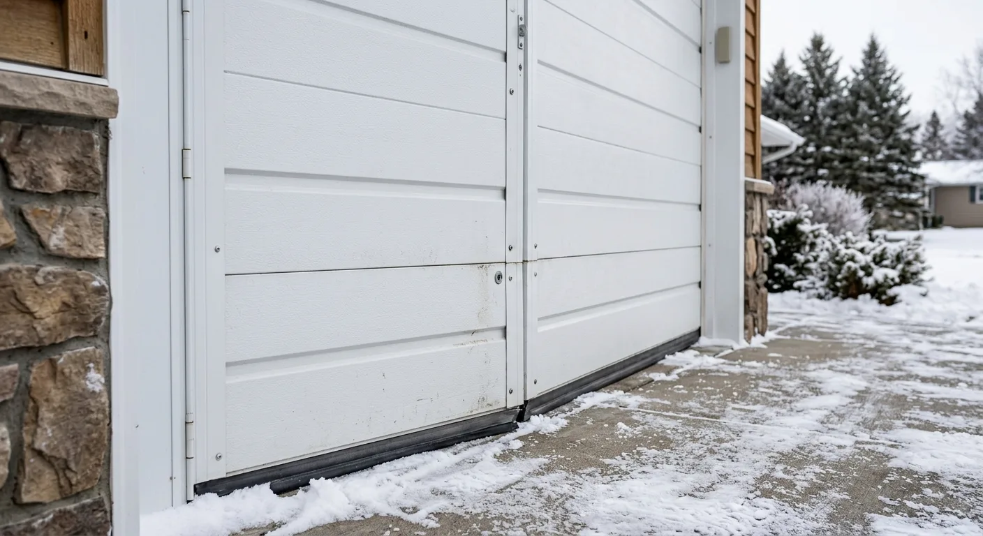 Close-up exterior detail of a white insulated steel garage door panel with V-groove styling on an Aitkin-area ranch home,...