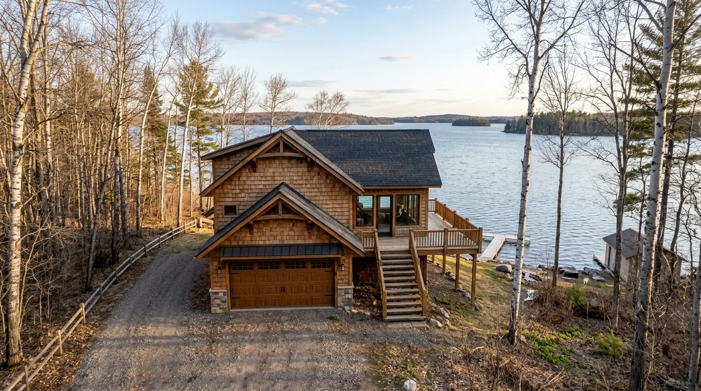 Wide exterior view of a lakeside cabin near Mille Lacs Lake in early spring, closed wood-look garage door on the lower lev...