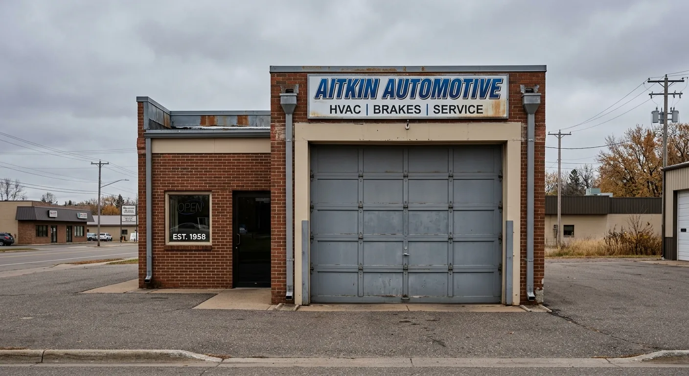 Exterior daylight shot of a small-town commercial garage door on a Hwy 169 frontage building in Aitkin, closed steel secti...