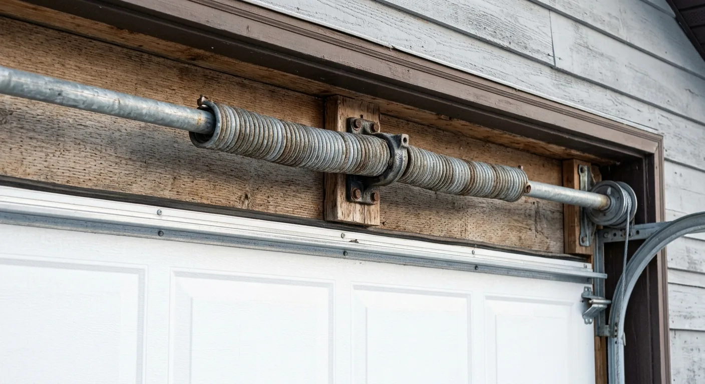 Close-up exterior detail of a galvanized garage door spring and torsion bar above a closed white residential door on an Ai...