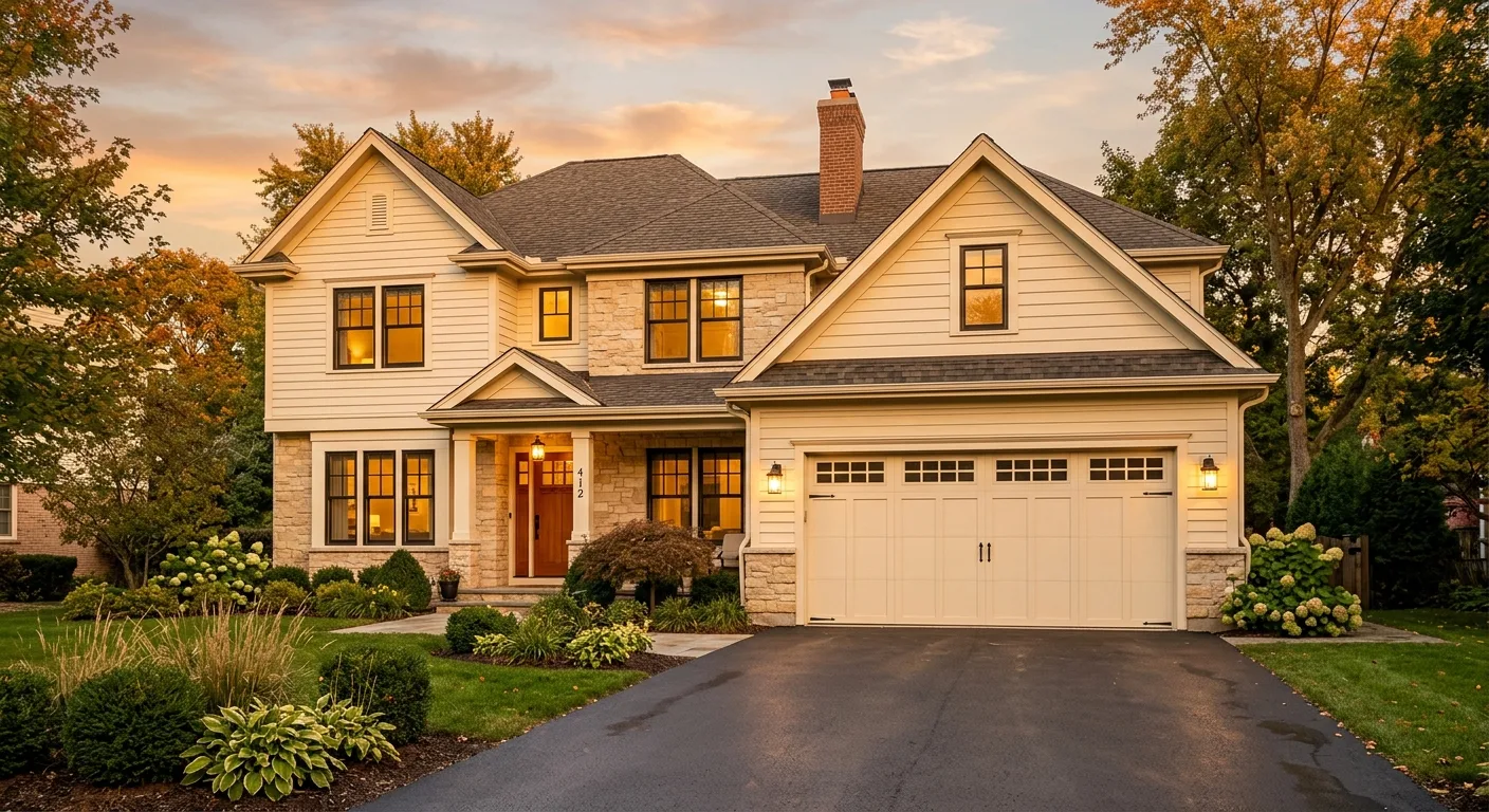Exterior golden-hour view of a Baxter two-story home with a closed double-wide cream insulated garage door, paved driveway...
