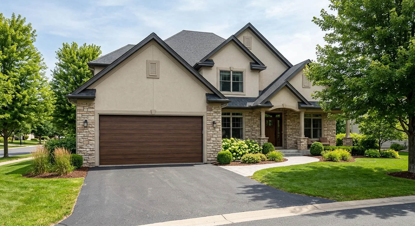 Exterior curb-appeal view of a clean 2000s-era Baxter home with a new modern flush insulated garage door from the driveway...