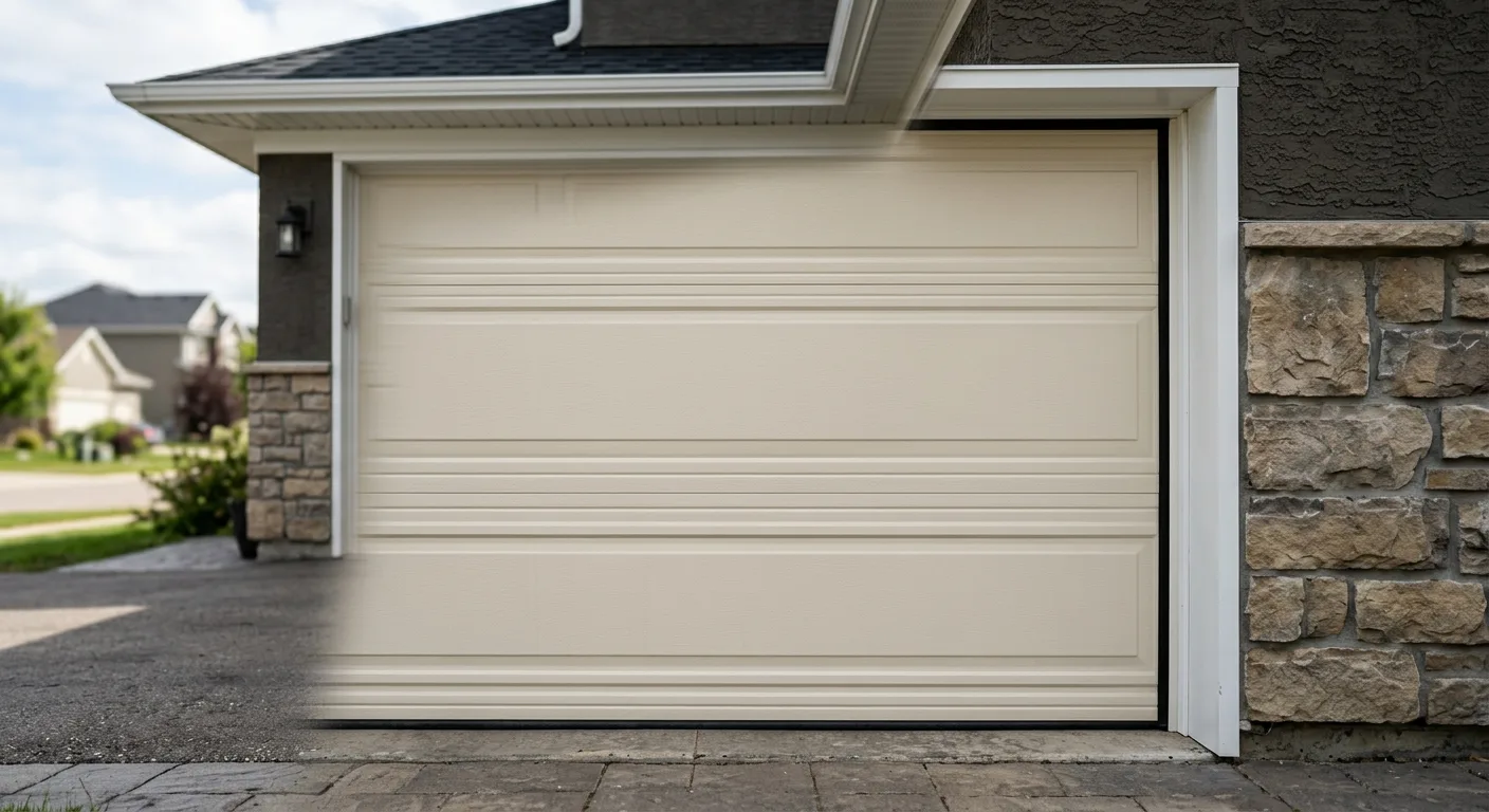 Close-up exterior detail of an insulated steel garage door panel in cream color with horizontal raised rails on a Baxter s...
