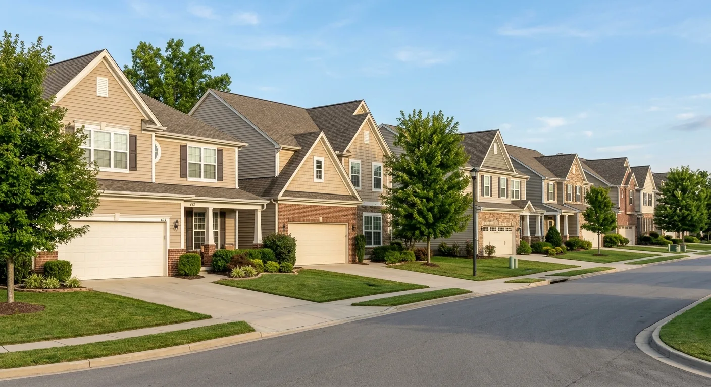 Wide exterior view of a row of similar 2000s-era homes in a Baxter subdivision, all with closed two-car garage doors, resi...