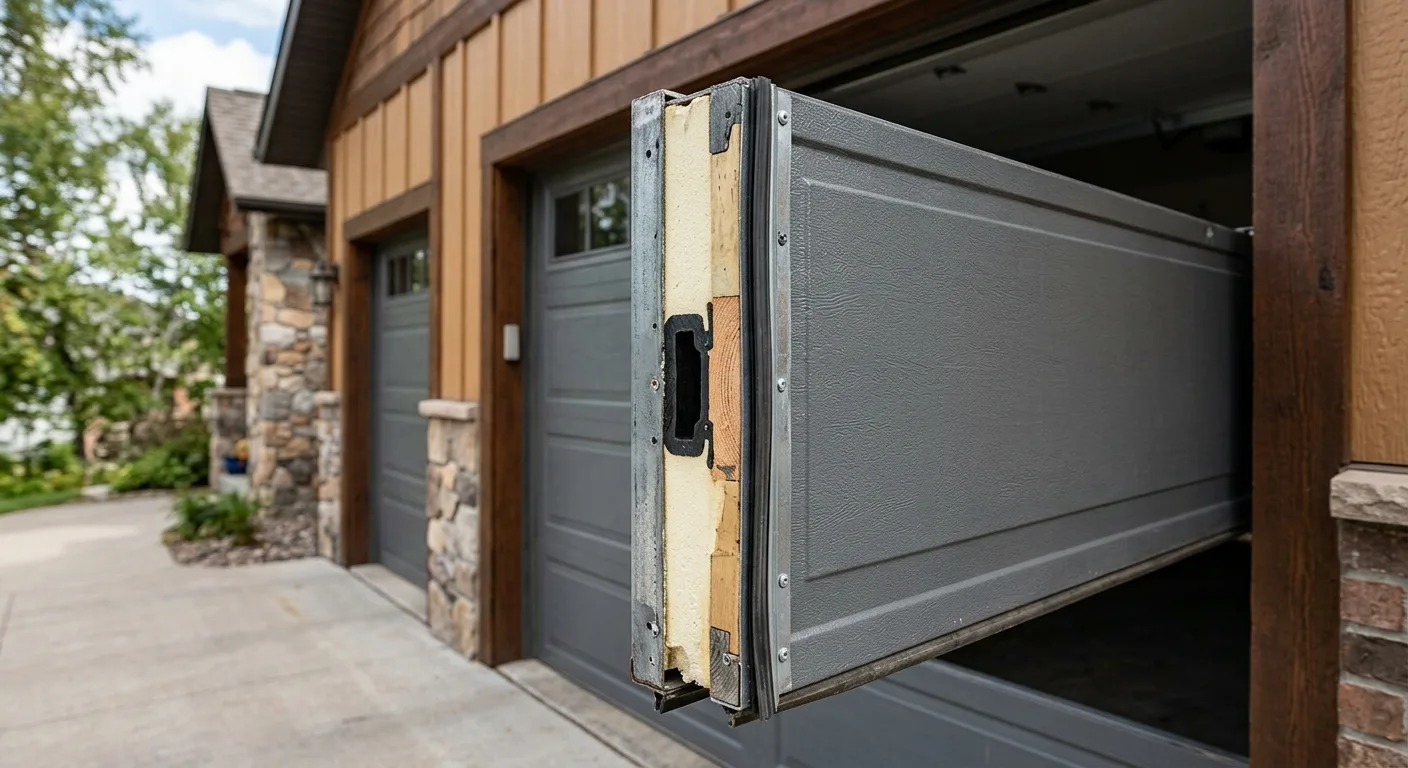 Exterior daylight detail of a thick insulated steel garage door section showing layered construction visible at the edge o...