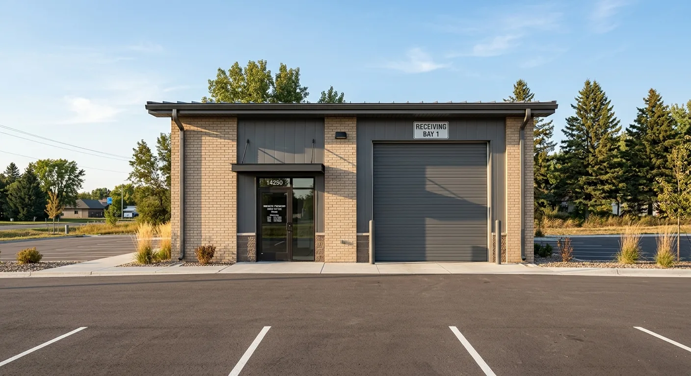 Exterior daylight shot of a small commercial building along the Hwy 371 corridor in Baxter with a closed steel commercial...