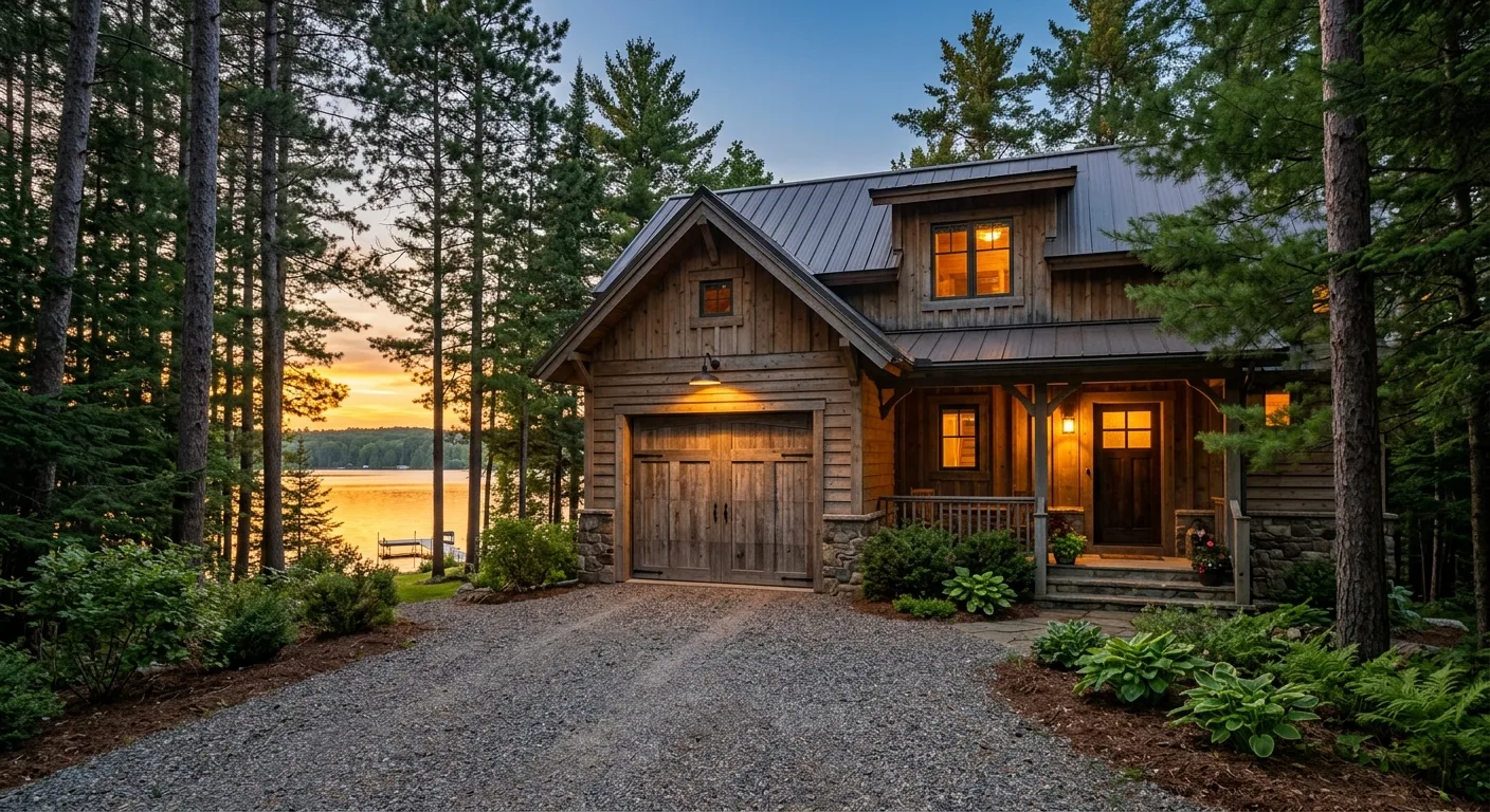 Exterior dusk view of a Bay Lake cabin with a closed wood garage door, golden-hour light reflecting off the lake water thr...