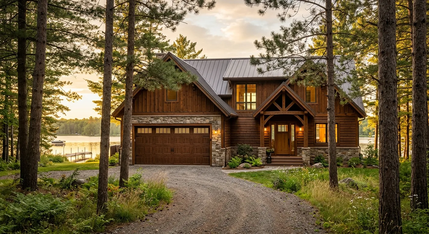 Exterior curb-appeal view of a Bay Lake cabin with a new stained wood-look insulated garage door visible from the driveway...