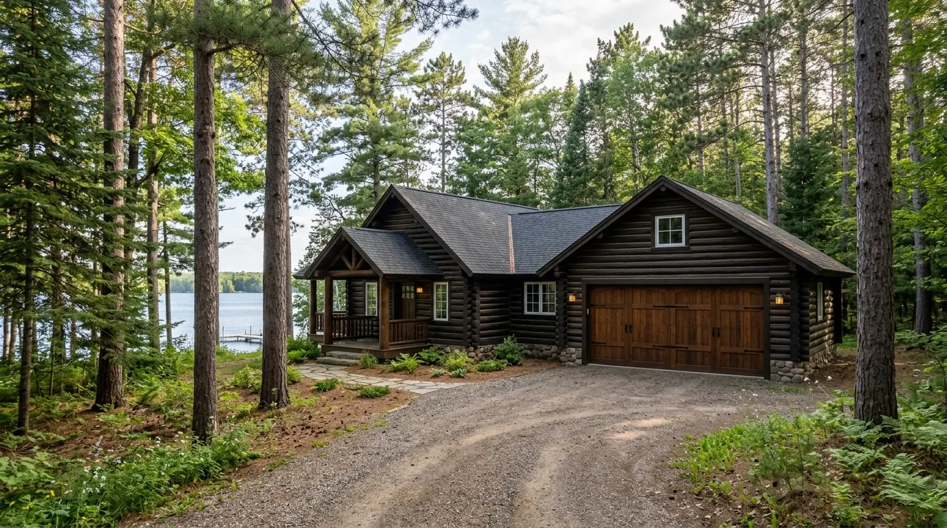 Wide exterior view of a Bay Lake historic cabin near the Ruttger's area with a closed dark-stained wood garage door, matur...