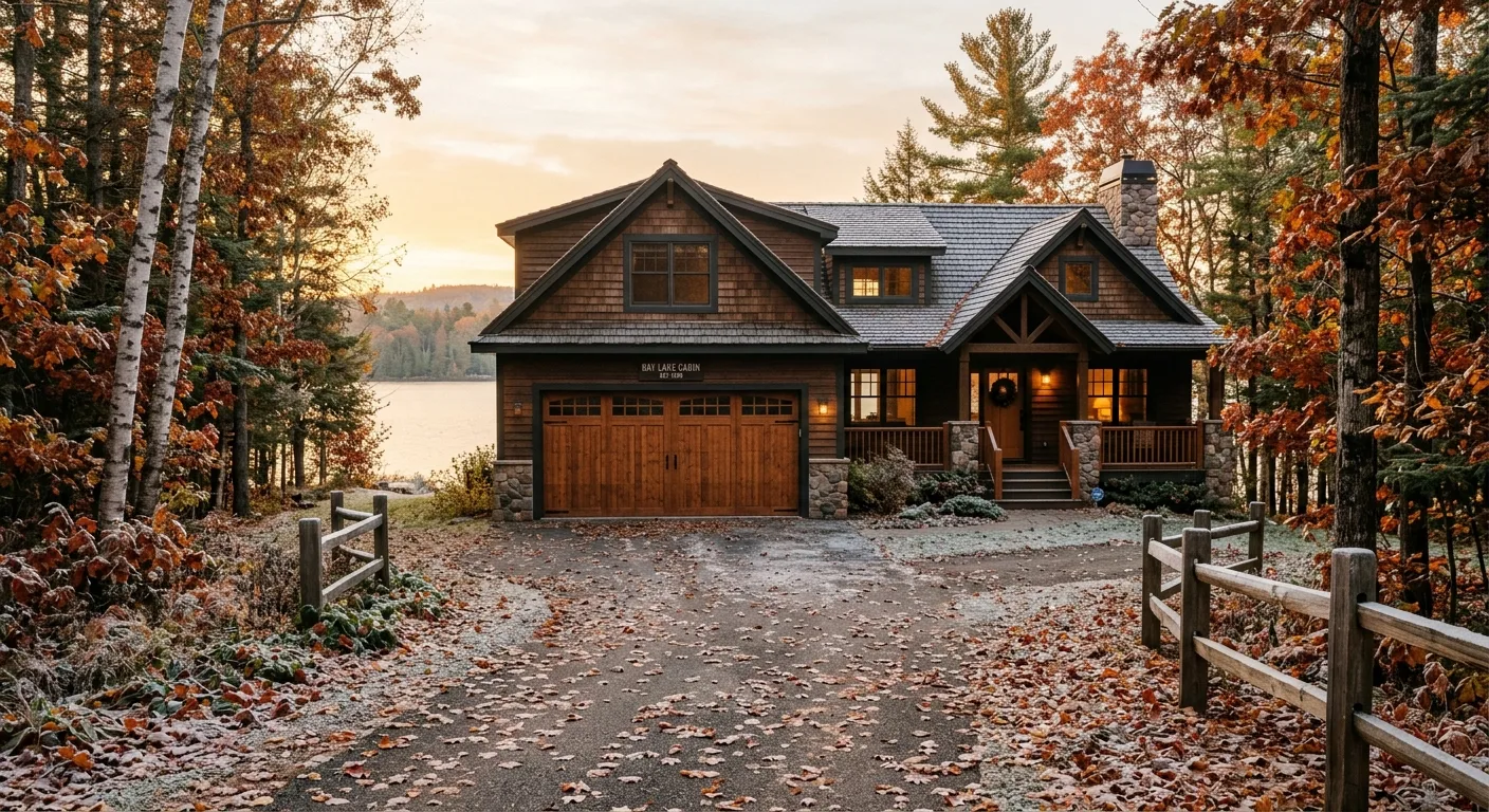 Exterior late-autumn view of a Bay Lake cabin with a closed garage door, fallen leaves, light frost on the driveway, soft...