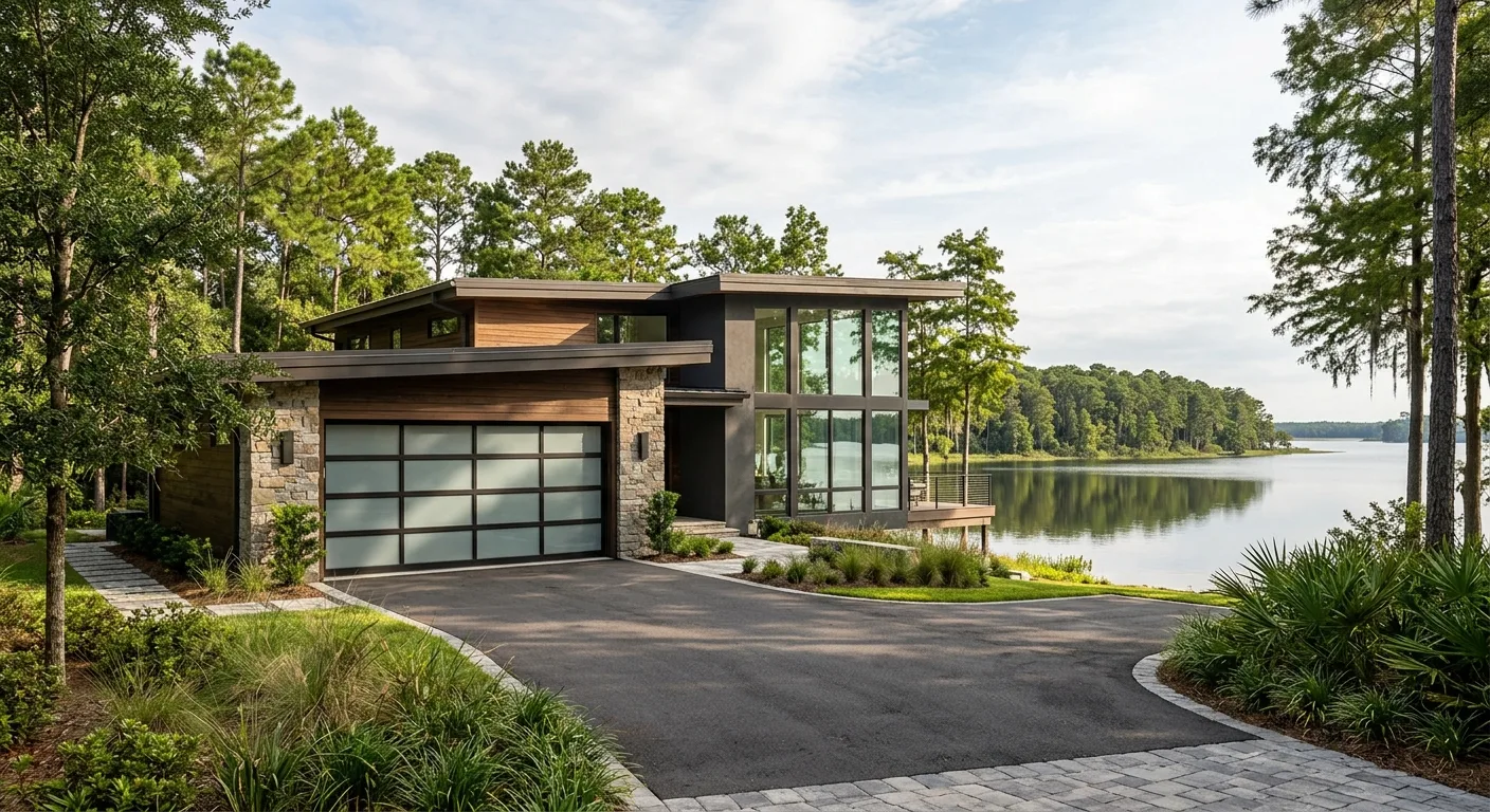 Exterior daylight view of a modern Bay Lake lake home with a closed three-quarter glass-panel garage door framed in dark a...